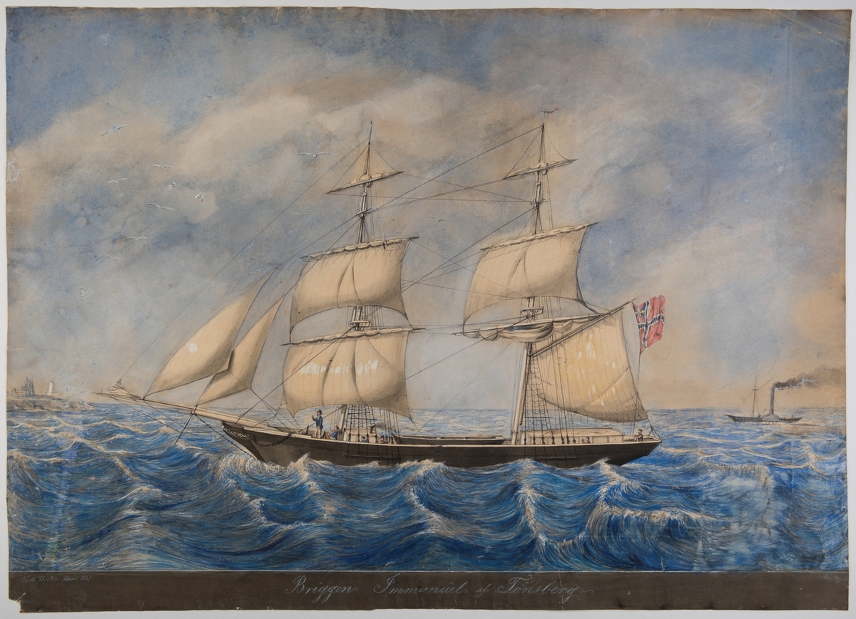 Brigg 'Immanuel' af Tønsberg Seiler for styrbords halser. Unionsflagg fra gaffelen.  I bakgrunnen til høyre et dampskip 'Waterman'