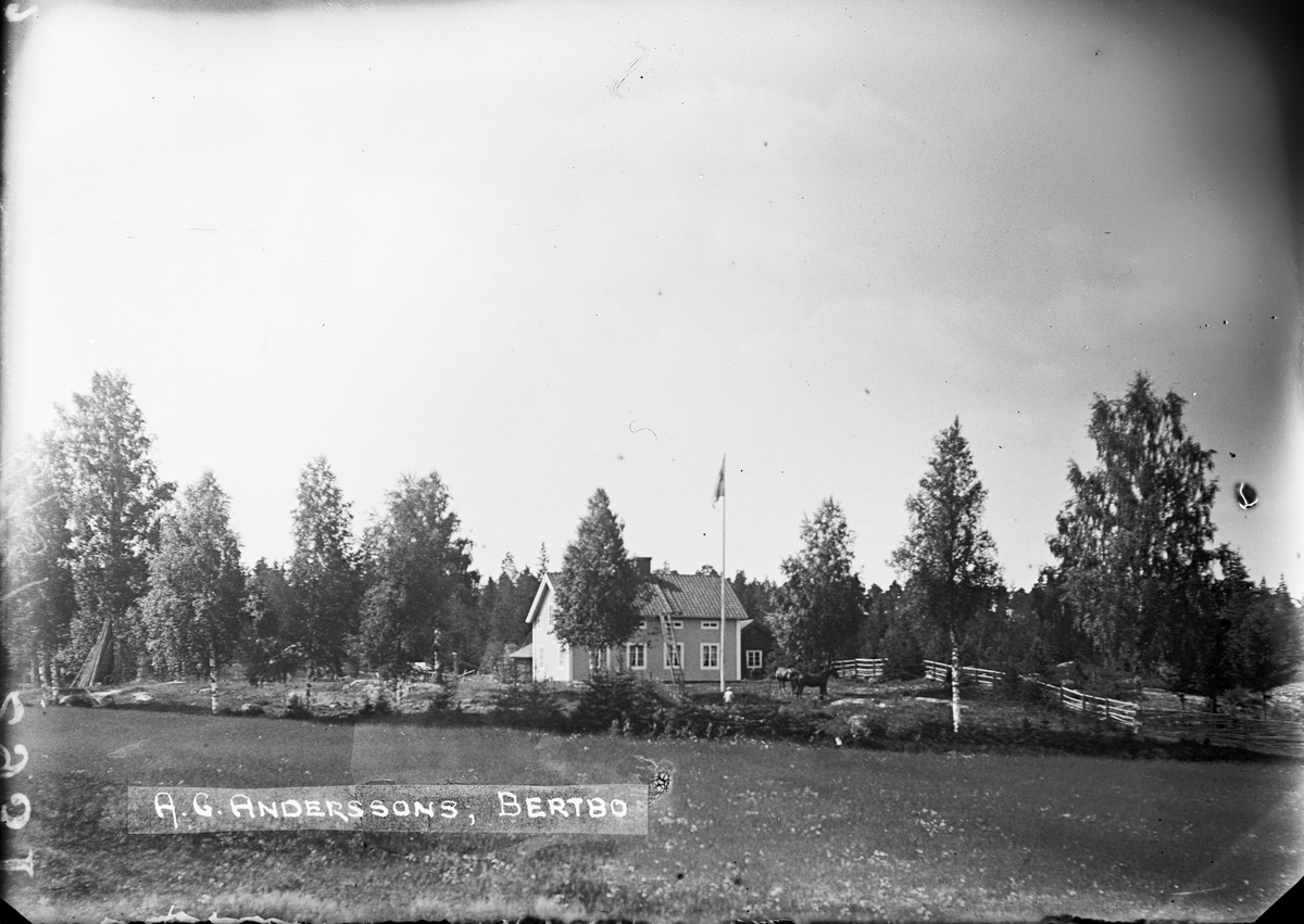 "Andersons gård fr landsvägen, pojke synlig vid flaggstången", Bärtbo, Tärna socken, Uppland 1922