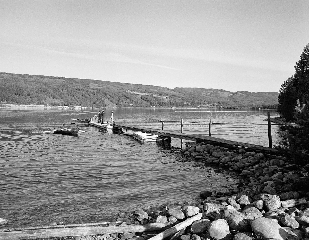 Bryggeanlegget i Dampbåtvika i nordenden av Storsjøen i Ytre Rendalen, der tømmerslepebåten «M/S Storsjø» hadde sin vinteropplagsplass.  Brygga var smal og spinkel.  Innerst ved land kvilte den på opprøyset stein, lengre ute på et par steinfylte tømmerkistekar.  Da dette fotografiet ble tatt var den en robåt og en varpebåt av stål som befant seg ved brygga.  På motsatt side av innsjøen skimter vi Åsheim, der det også var ei brygge som M/S Storsjø tidvis la til ved sommerstid.