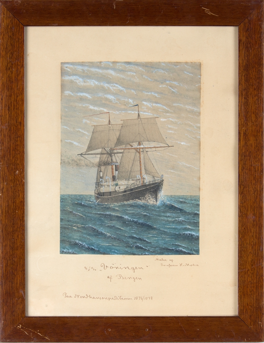 Skipsportrett av DS VØRINGEN som deltok på Nordhavsekspedisjon i 1876 - 1878. Under fart med seilføring.