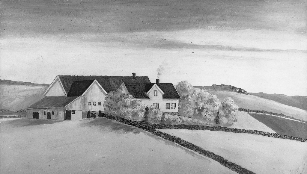 Akvarell av garden Oma store bnr. 4 frå omlag 1935. Dei fleste av husa er nå rivne eller ombygde. Berre heimehuset står (1985) delvis slik det var.