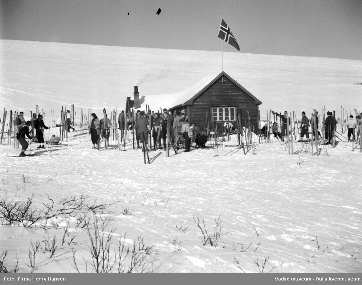 Vadsø mai 1951. Vinika-hytta nord for Vadsø. Mange gjester.
Vinikahytta ble bygd på dugnad av Vadsø skiklubb, tatt i bruk 1906. Kilde: Varanger årbok 2003, artikkel av Per Andersen s.167 ff.