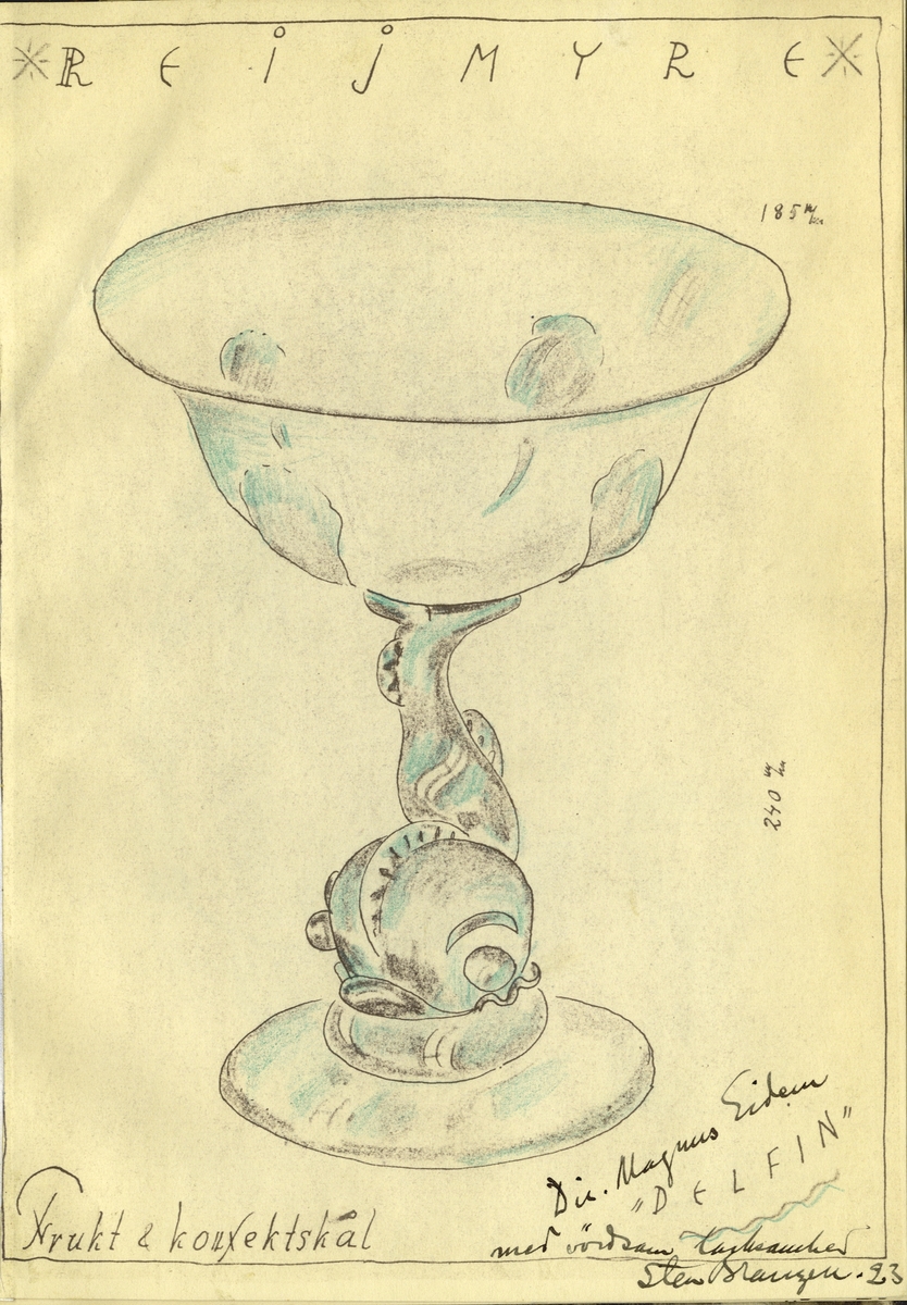 Kritteckning/skiss av rund frukt- och konfektskål på fot, utformad som en delfin. Skuggad i blågrönt.
Är inbunden i brunspräcklig mindre mapp med etikett; "S Branzell, Skisser till konstglas 1923".