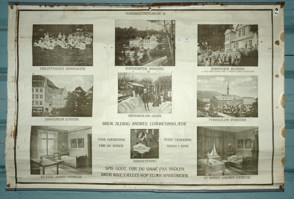 Trykk. Bilder av ulike sanatorium og aktiviteter for tuberkuloserammede personer.