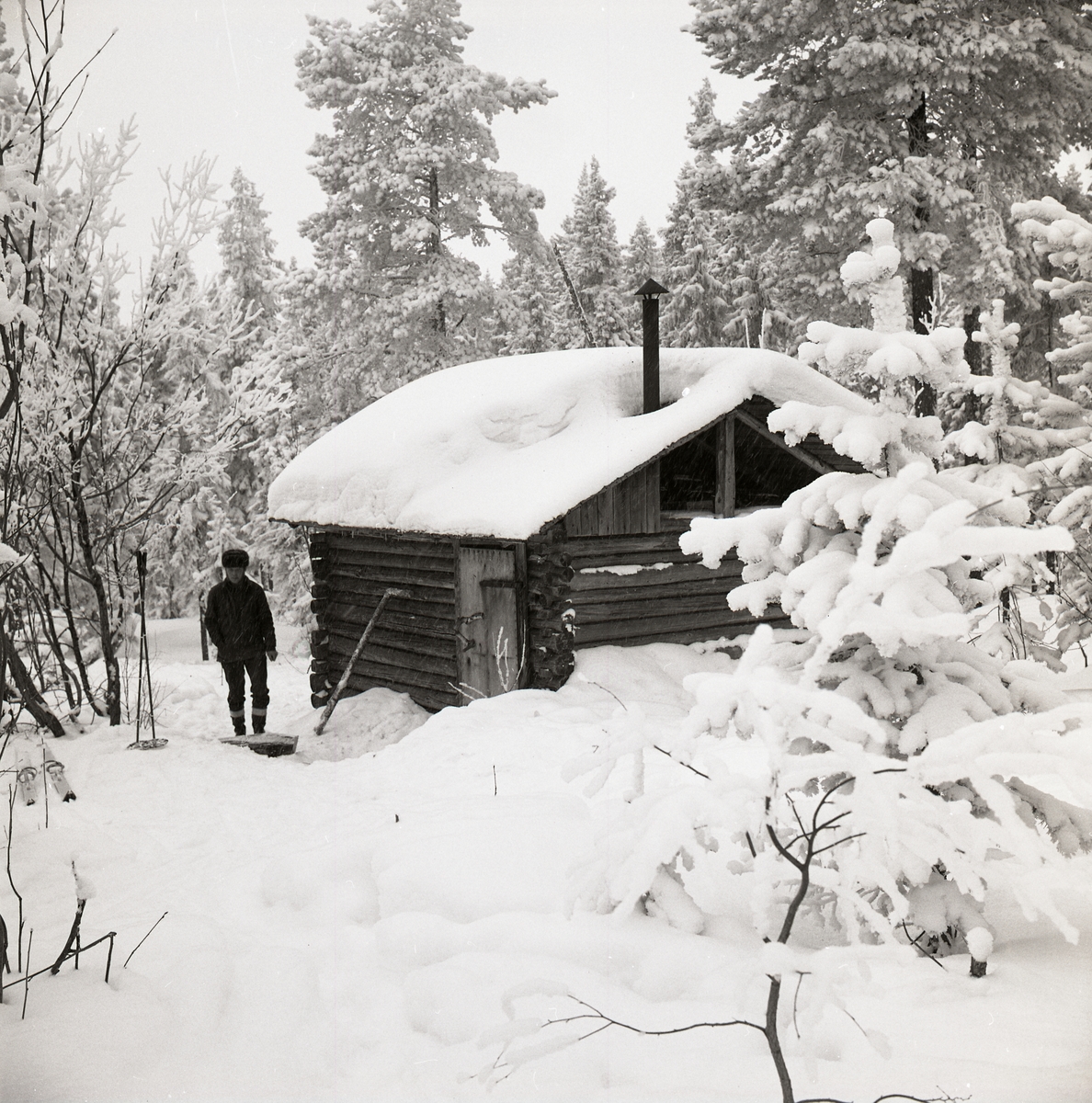 En man står utanför en snötäckt koja i skogen vid Hälsen den 24 februari 1970.