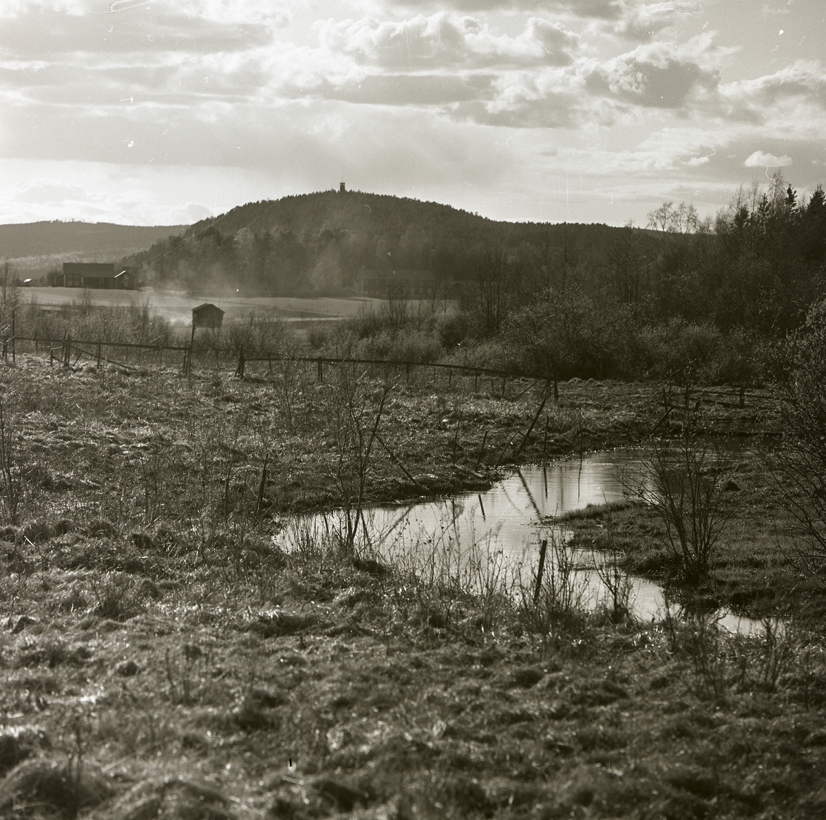 Ett landskap med åkermark, berg och Glösboån, maj 1964.