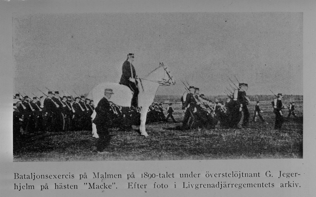 Bataljonsexercis på Malmen ca 1890-tal, från publicerat foto. Avfotografering av bild ur tryck.