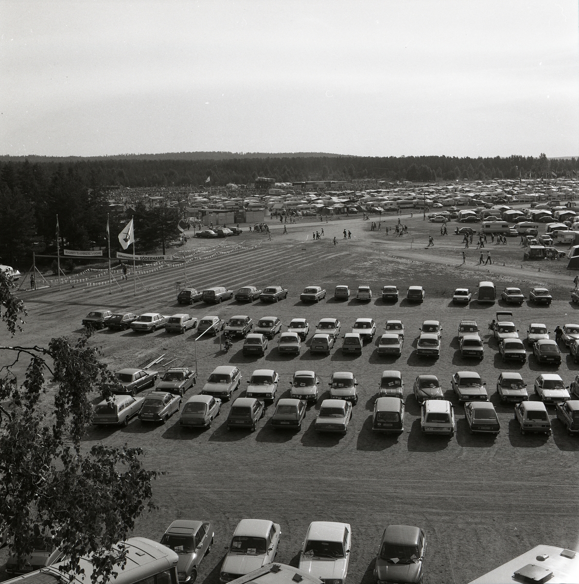 Bilar i prydliga rader på parkeringsplatsen vid O-ringen i Mohed den 20-24 juli 1982.