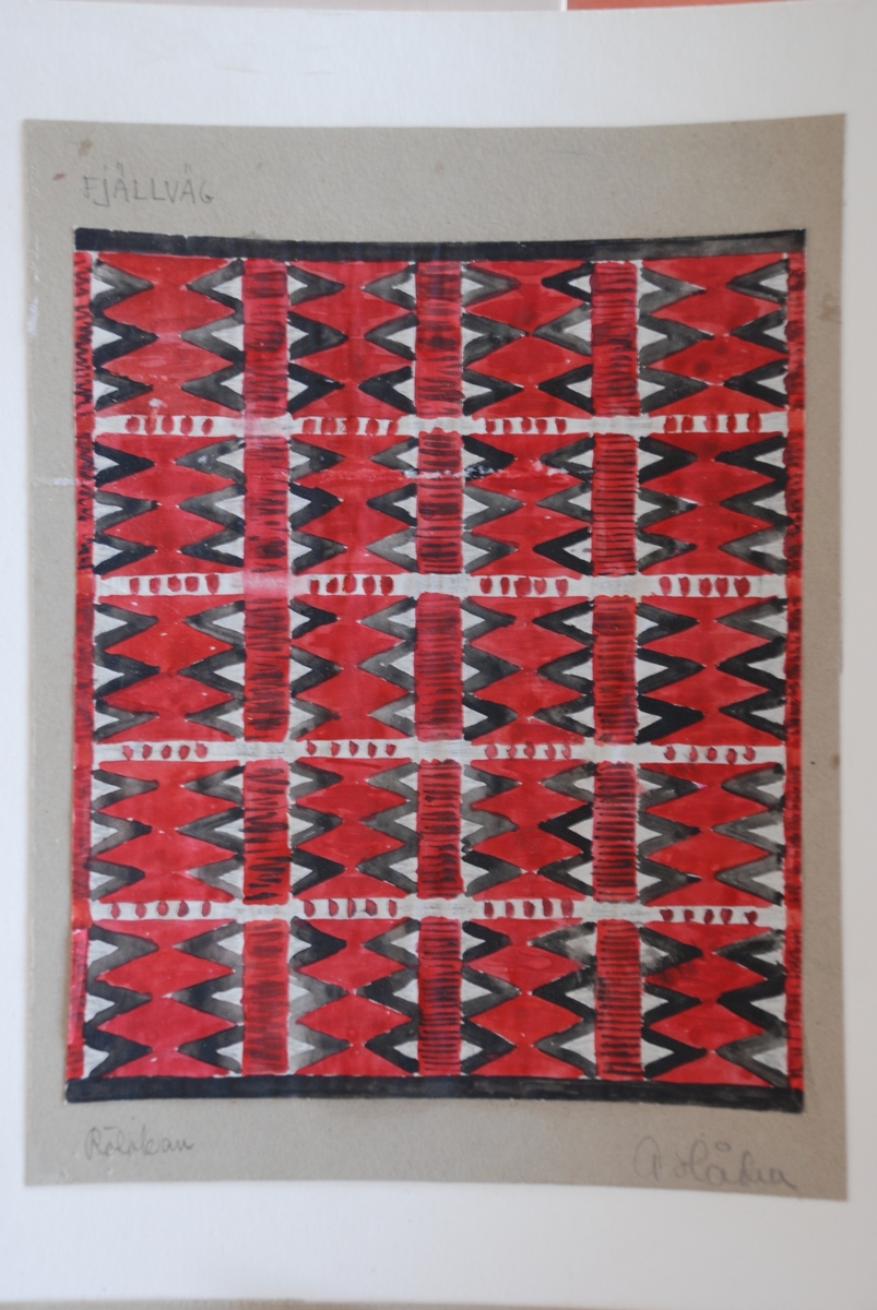 Förslag till mattor i rölakan komponerade av Anna Hådell. Med garnprover.
