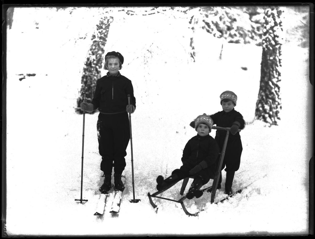 En flicka står på ett par skidor. Hennes yngre syster sitter på en spark medan hennes tvillingbror står bakom och puttar på. I fotografens anteckningar står det "Ing.[enjör] Bergs barn", tolkat som tvillingarna Peter Wilhelm och Ulla Maria samt deras storasyster Elsa Margareta.