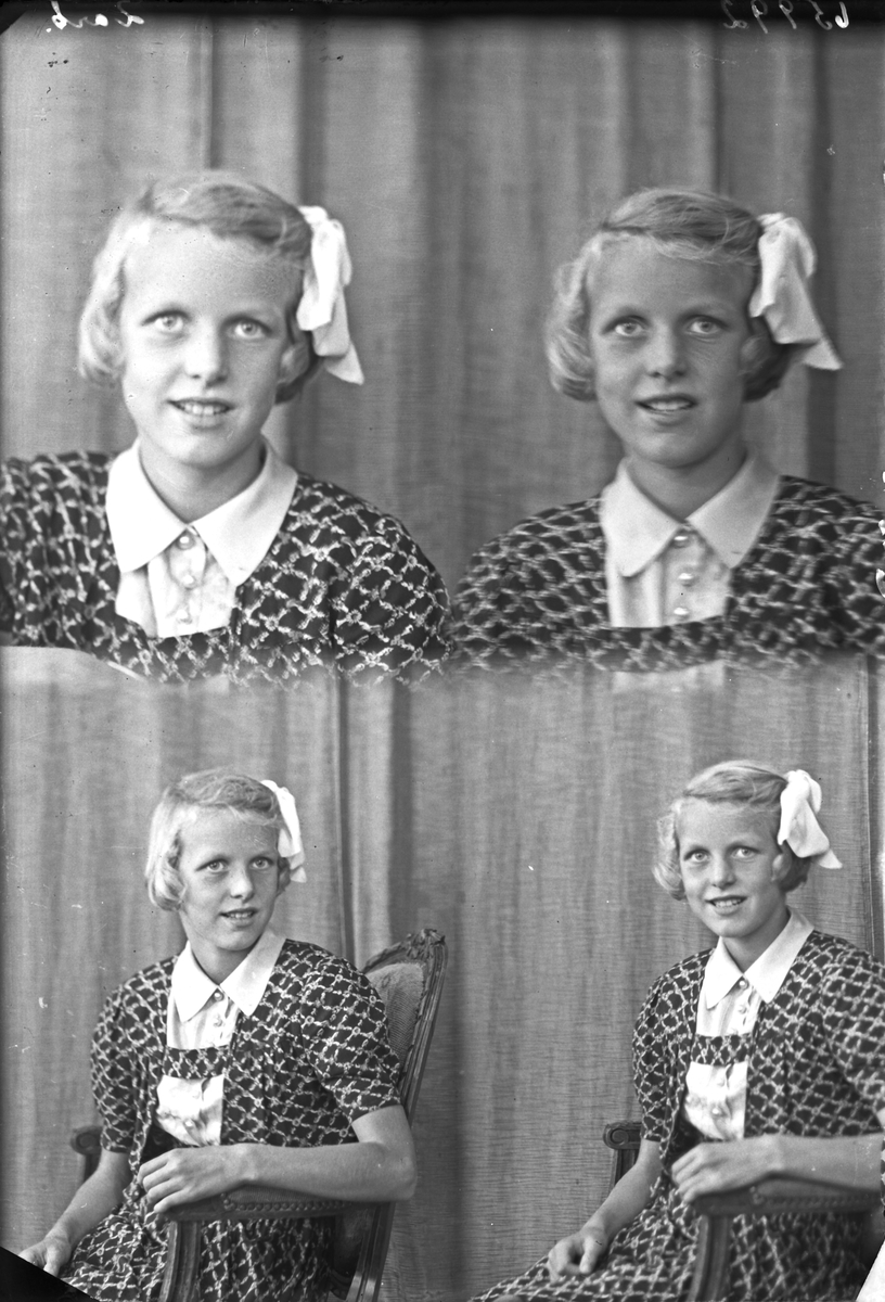 Portrett. Ung lyshåret pike med sløyfe i håret. Ikledd forskjellige to typer klær. To piker på første foto. Bestilt av Sigrid Pedersen. Salhusveien 83.