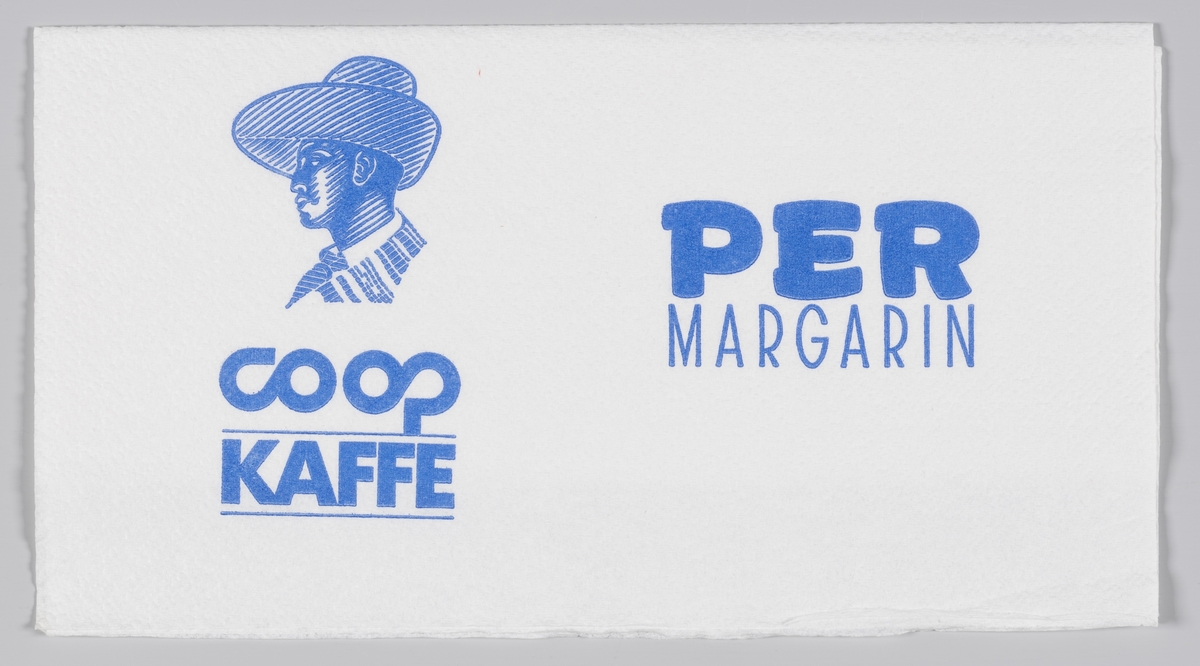 En mann med en bredbremmet hatt og en reklametekst for Obs!, Coop kaffe og Per margarin.

Samme reklame på MIA.00007-004-0217 til MIA.00007-004-0221.