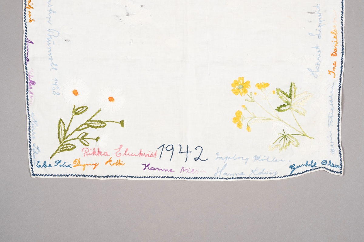 På duken er det brodert 6 blomster, en i hvert hjørne og to i midten av langsida. Med start til høyre for "1942" er det engballblom, blåveis, villrose, blåklokke, fiol og prestekrage eller tusenfryd.