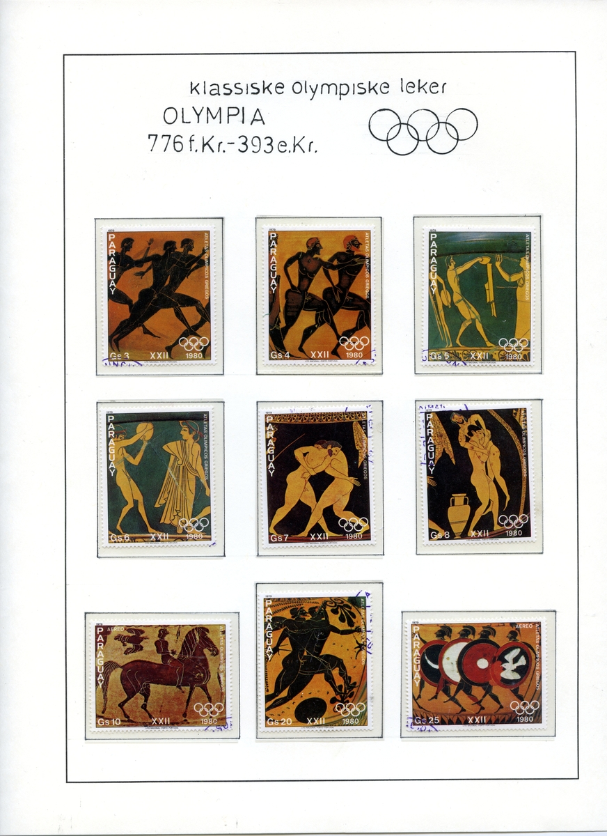 Ni store frimerker montert på et albumark i A4-størrelse. Motivene på på frimerkene er hentet fra greske antikke vaser og viser ulike øvelser fra de klassiske olympiske lekene.