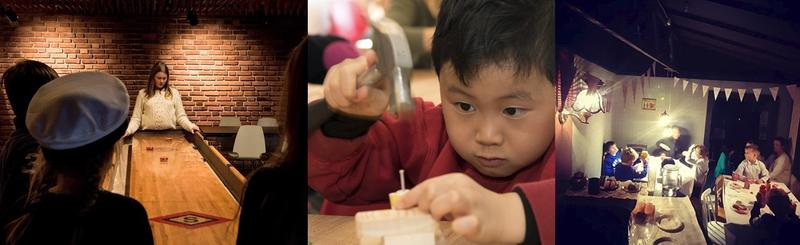 Collage med tre bilder. Barn spiller shuffleboard, en gutt med hammer slår inn spikker i en liten klossebåt og et bursagsselskap. (Foto/Photo)