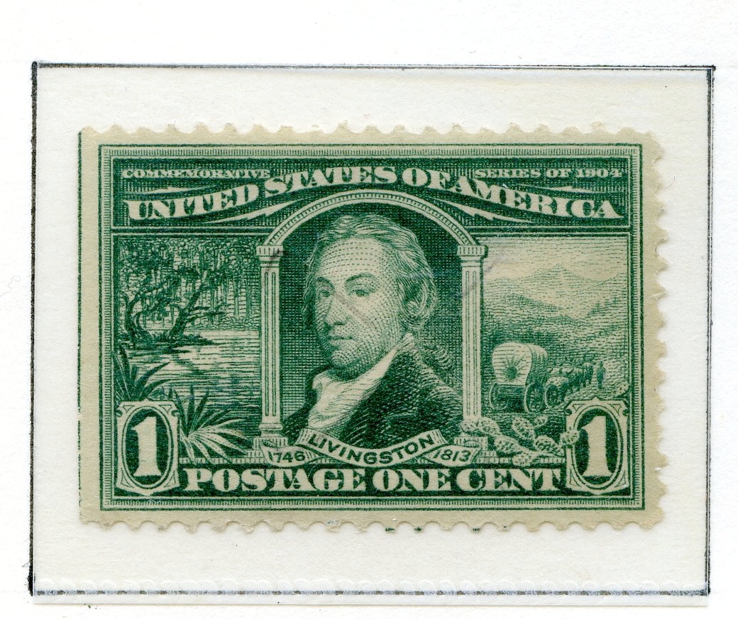 10 amerikanske frimerker fra 1904 (5 ulike frimerker) som viser sentrale personer knyttet til "The Louisiana Purchase" i 1803 der 15 stater ble kjøpt fri fra Frankrike. To frimerker med grønn bakgrunnsfarge viser portrettet av Livingston, to frimerker med rød bakgrunnsfarge viser portrett av Jefferson, to med fiolett bakgrunnsfarge som viser Monroe, to blå viser Mc Kinley, og to brune frimerker som viser kart over de aktuelle statene.
