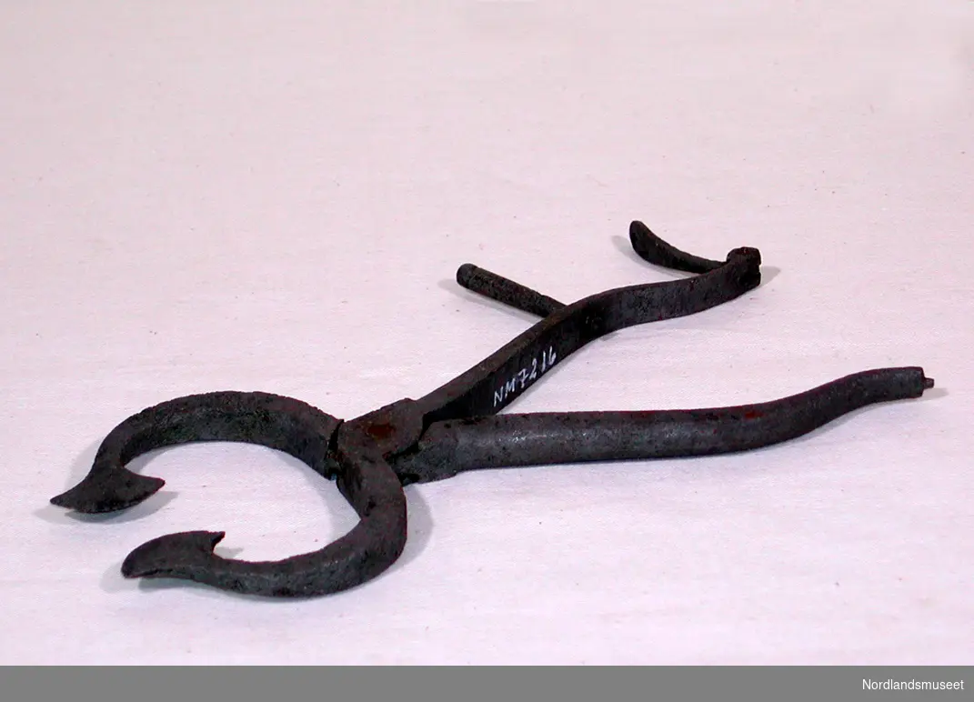 Form: Avlang, buet. Saksen består av to bevegelige deler som er klinket sammen Buet saksegg, handtakene er buet med lås i enden. En jern- tapp på ene skaftsiden.
