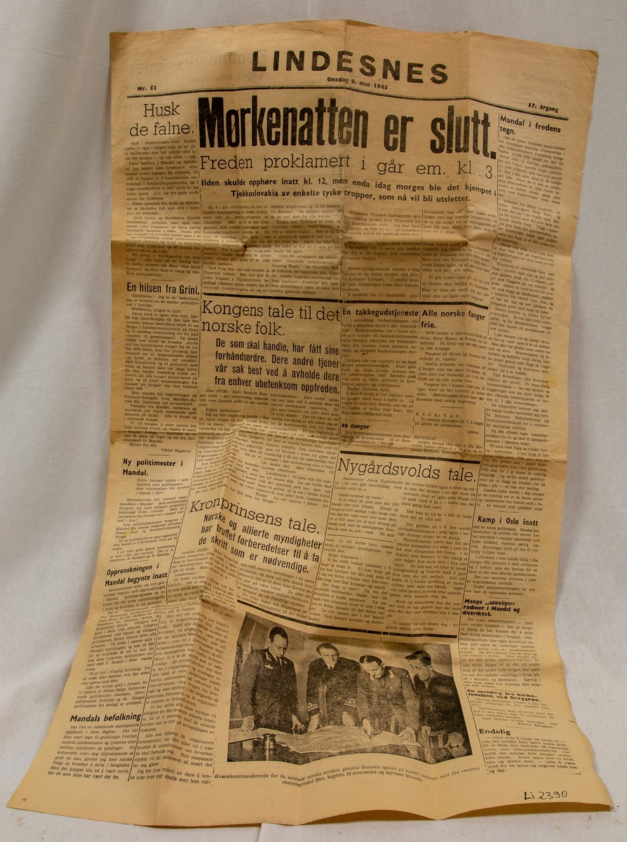 Avisartikkel fra onsdag, 09. mai 1945 fra "Lindesnes" avis