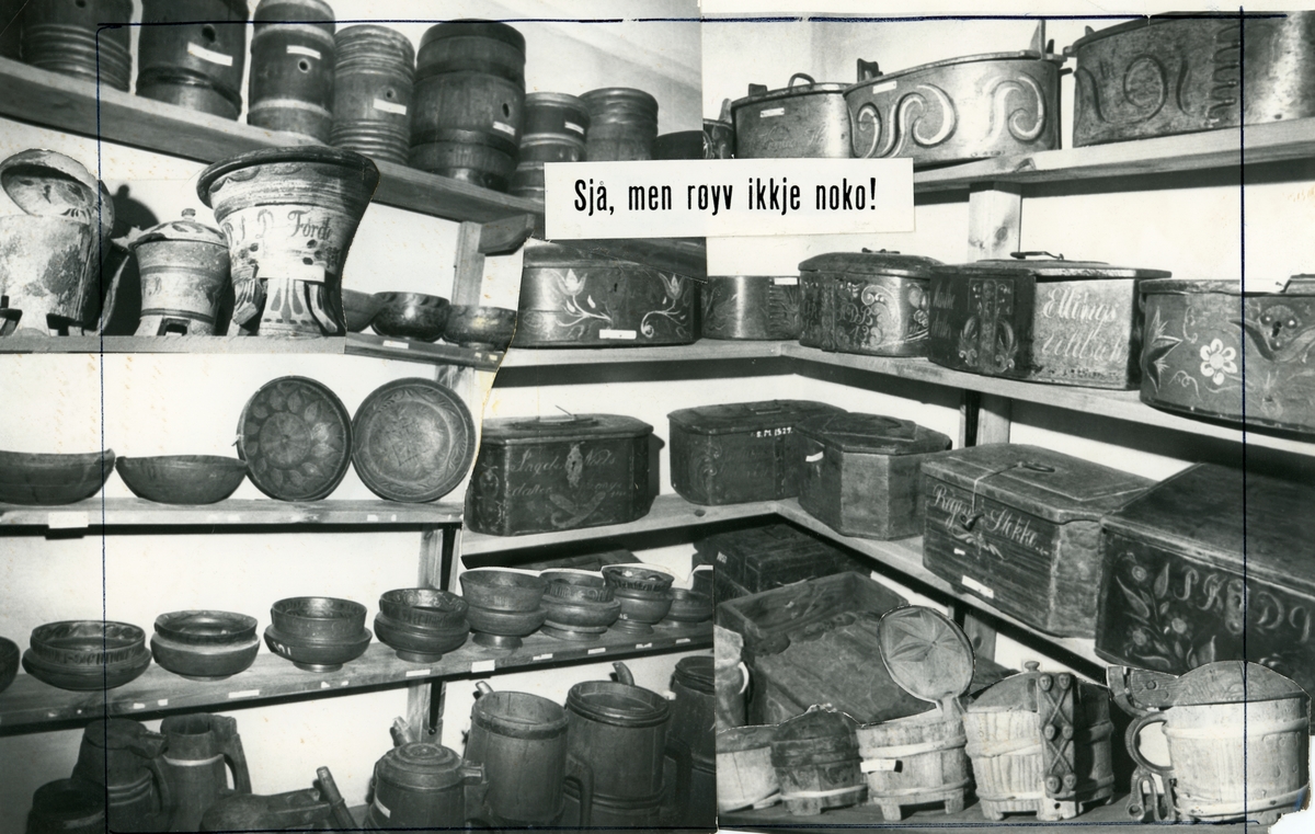 Et eldre dokumentasjonsfotografi av forskjellige gjenstander i hyller fra Sunnmøre Museum. Fra den gamle utstillinga i 3. etg. i hovedbygningen.