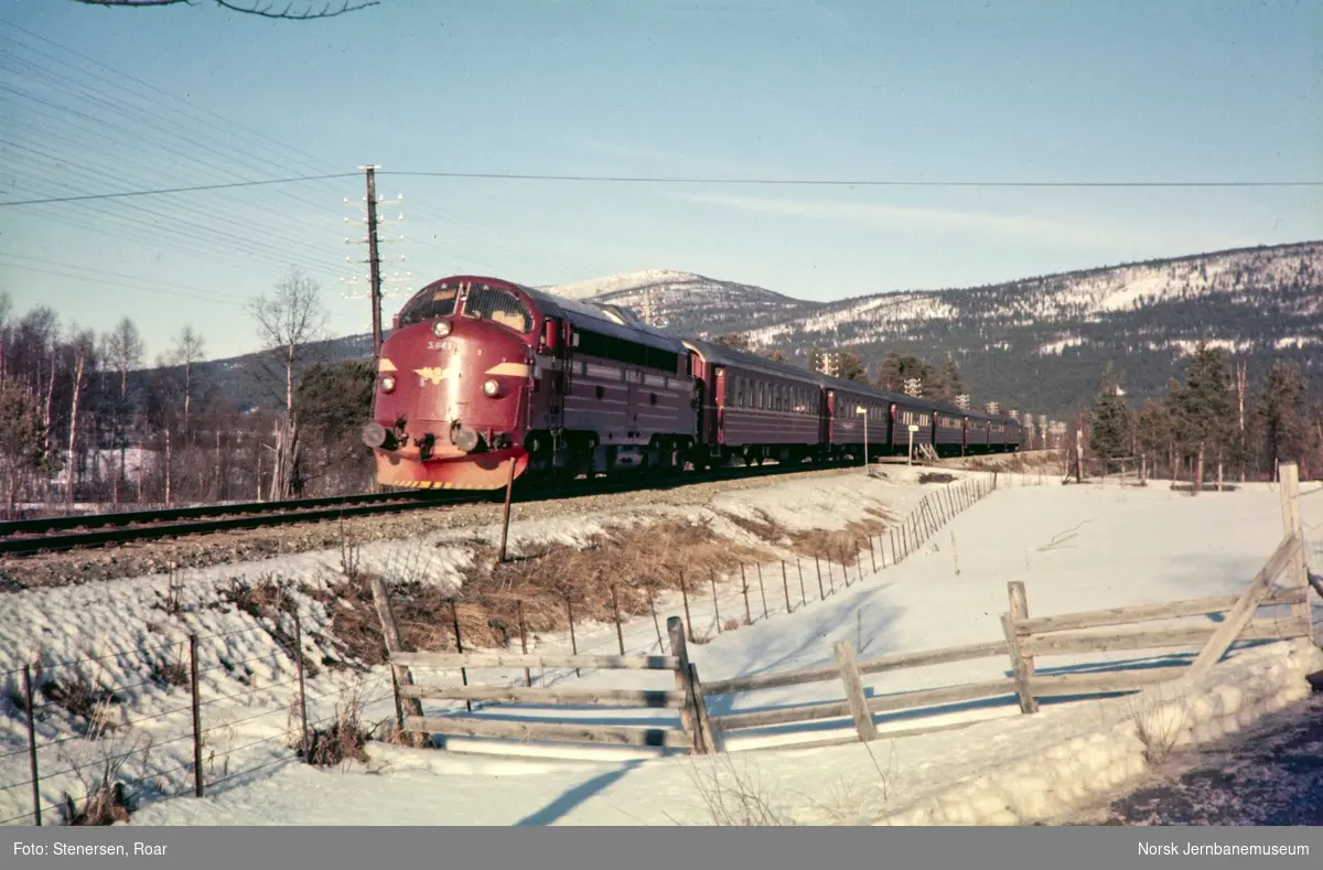 Diesellokomotiv type Di 3 nr. 641 med dagtoget fra Trondheim til Oslo Ø over Røros, tog 302, nord for Tynset stasjon.