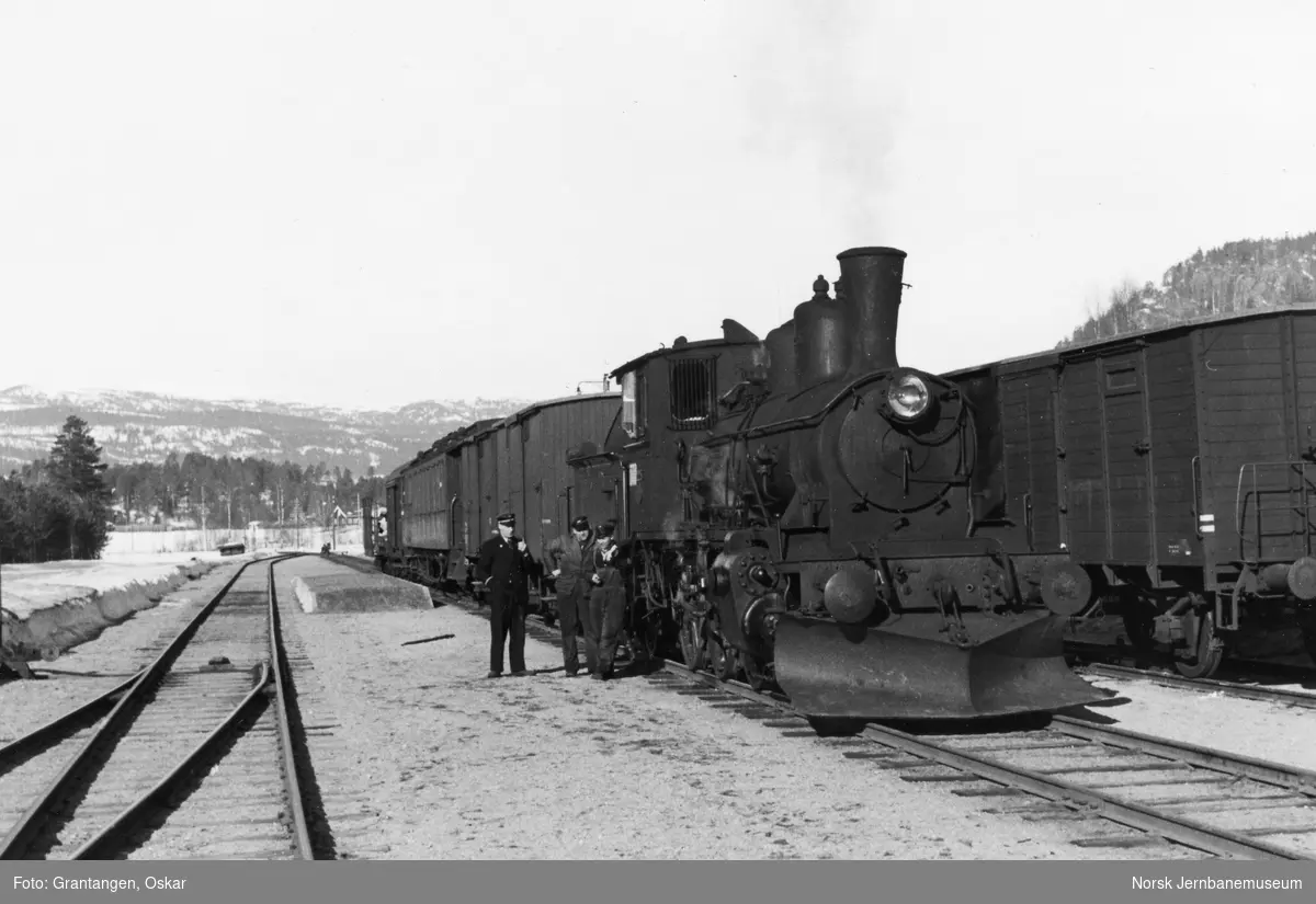 Damplokomotiv type 21b nr. 225 med godstog på Flesberg stasjon.