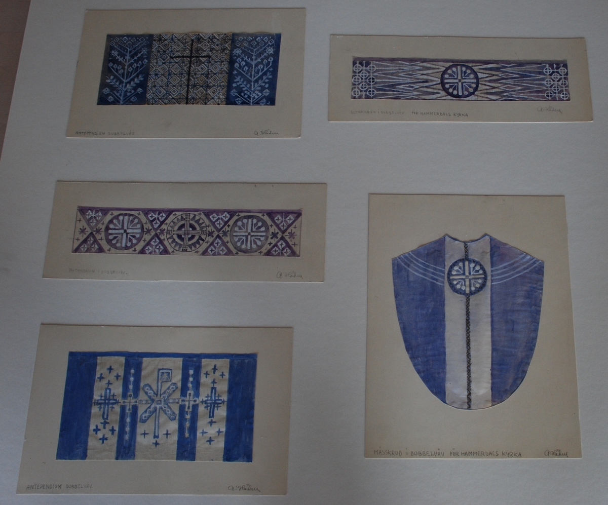 Förslag till kyrkliga textilier (mässkrud, antependium, altarbrun) för Hammerdals kyrka, Jämtland. Komponerade av Anna Hådell.