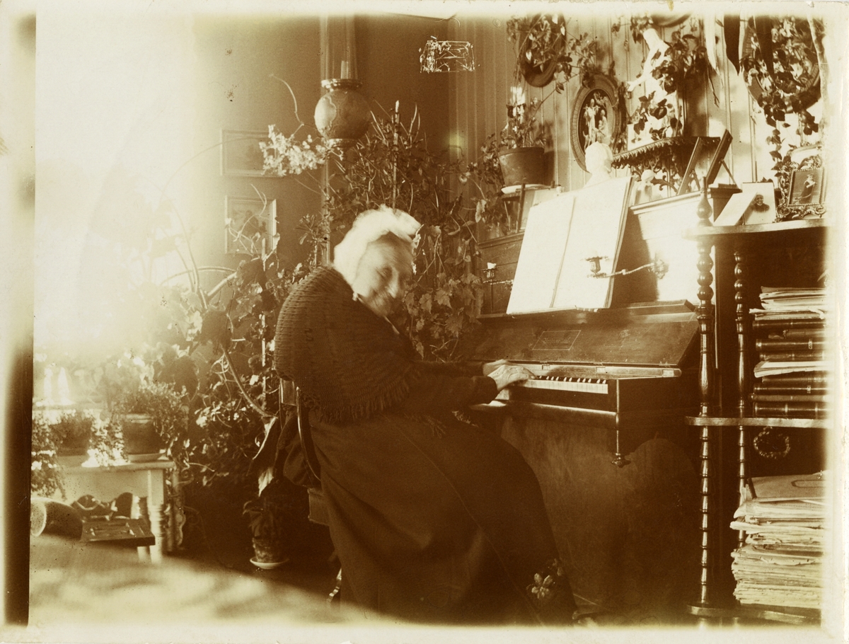 Fru Dorothea Anker f. Arveshoug (1811-1905) avblildet sittende foran sitt piano.
3 ex (2 kopier). Innlagt i konvolutt påskrevet "Fotografi av Fru Dorothea Anker over 90 Aar gammel".