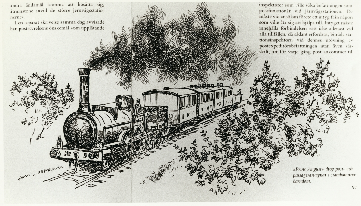 Teckning av Statens Järnvägar, SJ B 3 "Prins August" med passagerartåg.