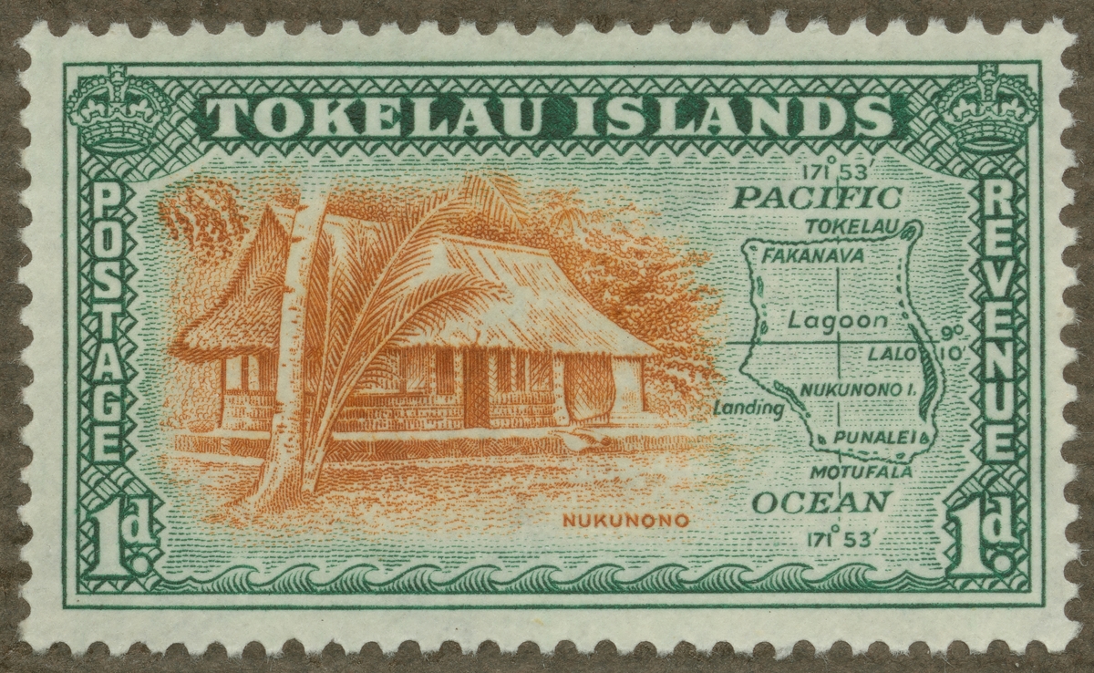 Frimärke ur Gösta Bodmans filatelistiska motivsamling, påbörjad 1950.
Frimärke från Tokelau-öarna, 1948. Motiv av hydda från ön Nokonono samt karta över Tokelau-öarna.