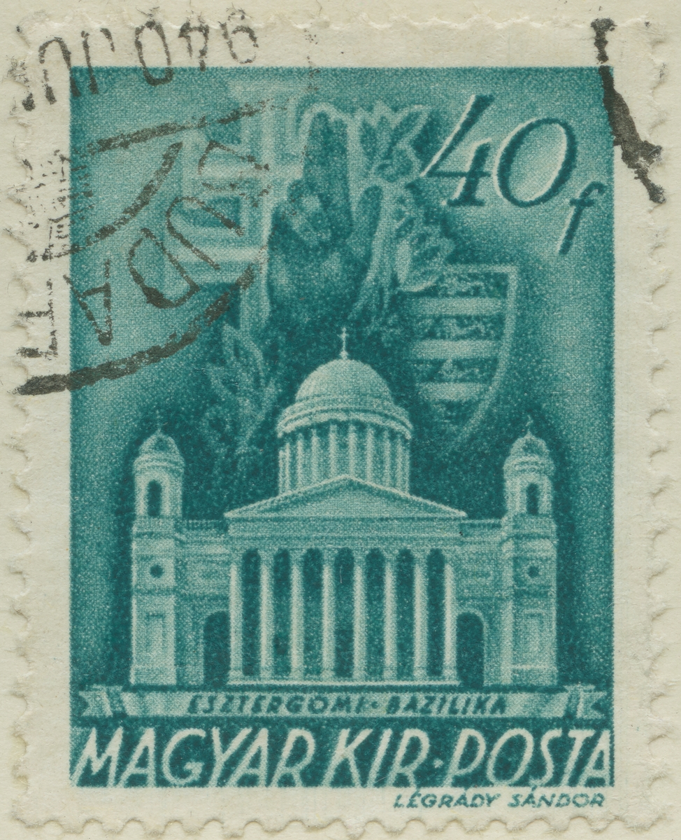 Frimärke ur Gösta Bodmans filatelistiska motivsamling, påbörjad 1950.
Frimärke från Ungern, 1939. Motiv av Basilikan i Esztergom.