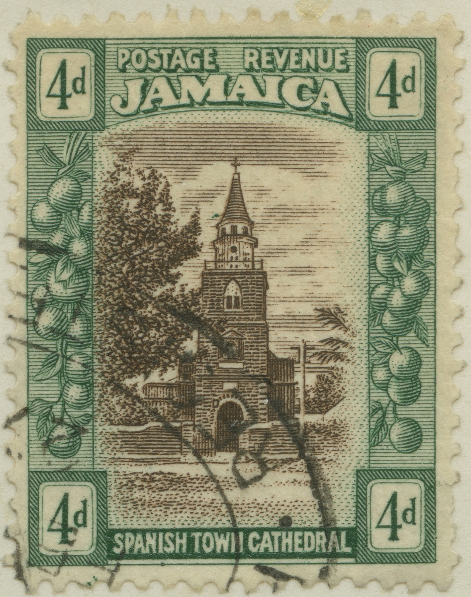 Frimärke ur Gösta Bodmans filatelistiska motivsamling, påbörjad 1950.
Frimärke från Jamaica, 1921. Motiv av kyrkan i staden Spanish Town.