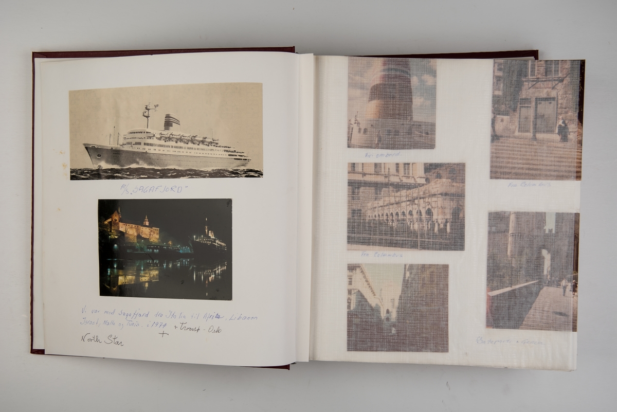 Album med fotografier fra cruiseturer med 'Sagafjord' og 'North Star', med stopp i forskjellige land rundt Middelhavet og i Midtøsten. Inneholder også noen få fotografier fra Hong Kong.