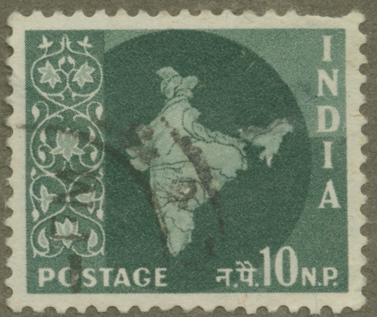 Frimärke ur Gösta Bodmans filatelistiska motivsamling, påbörjad 1950.
Frimärke från Indien, 1957. Motiv av karta över Indien.