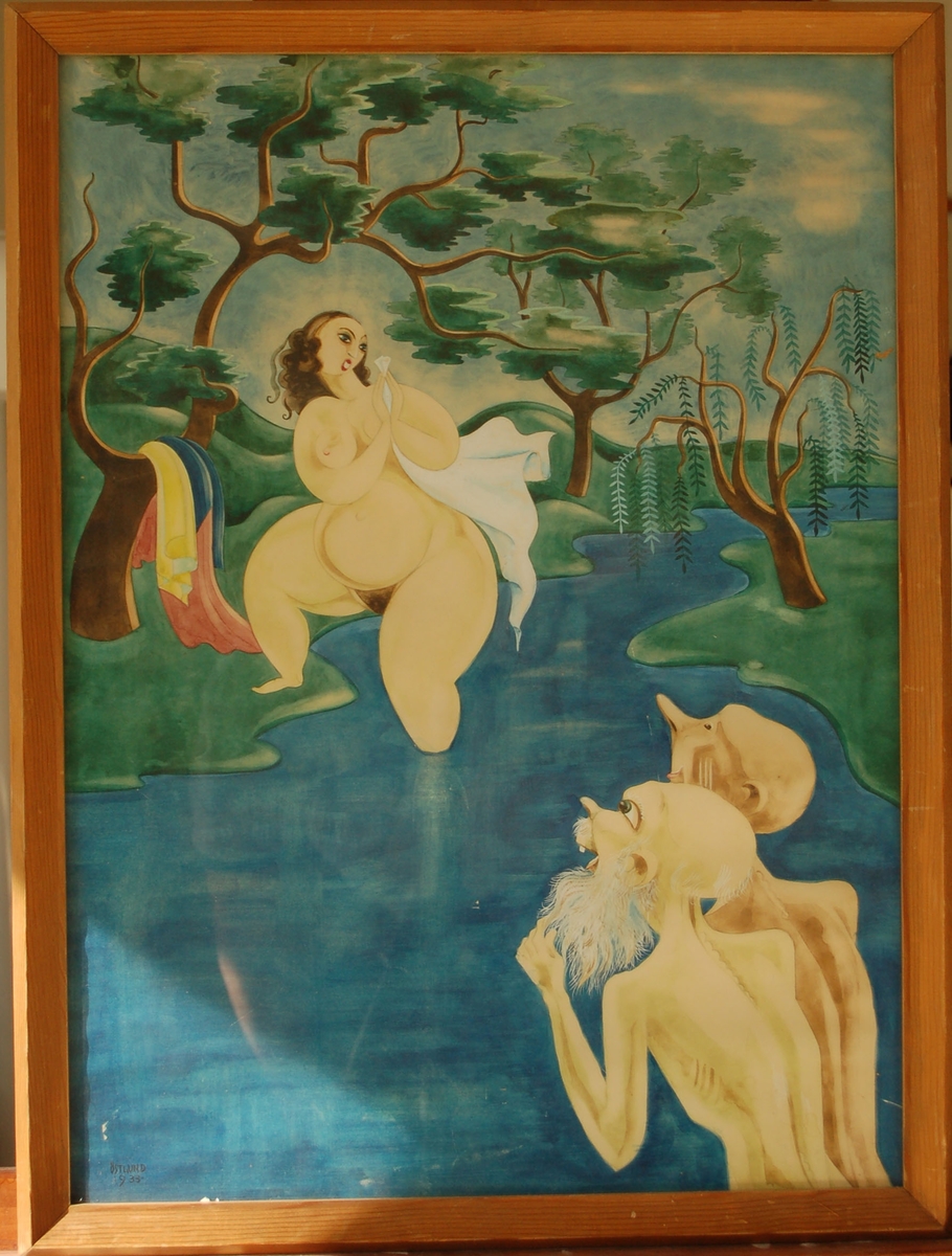 Gouache, "Susanna och gubbarna" av Manne Östlund, 1933.