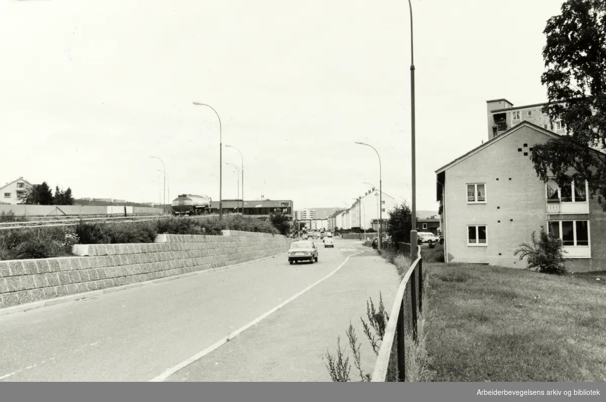 Kalbakken. "Bakkegløtt" trygdebolig. Støyskjerming nødvendig mot Trondhjemsveien. August 1979