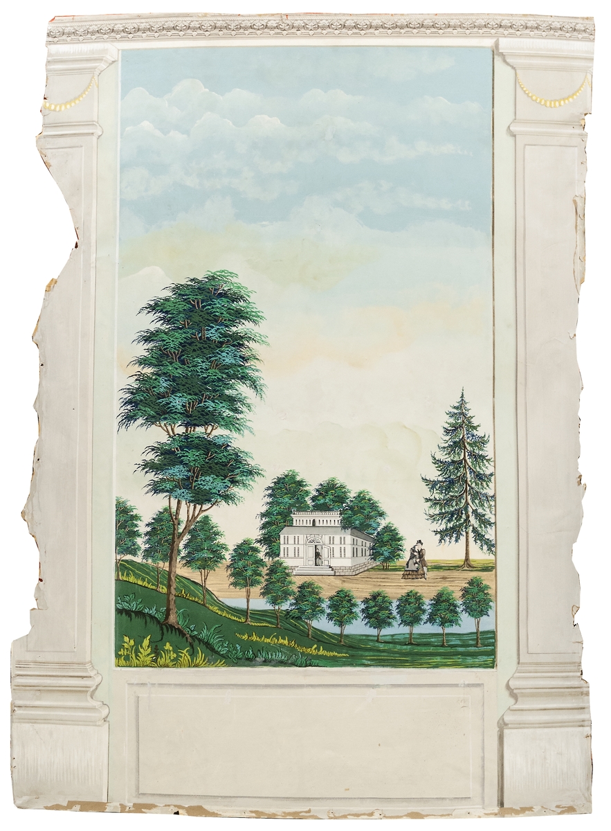 Del av väggmålning. Limfärg på papp. Pilastrar och målat väggfält.
Ett par framför herrgård iförd 1850-talsklädsel.