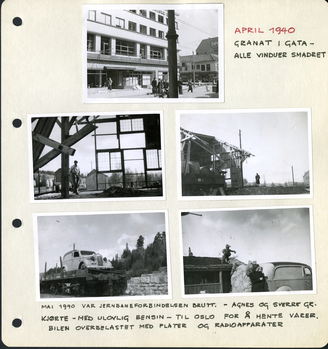 Fra familiealbum. Under fotografiet står det: "Fra april 1940. Granat i gata- alle vinduer smadret."
