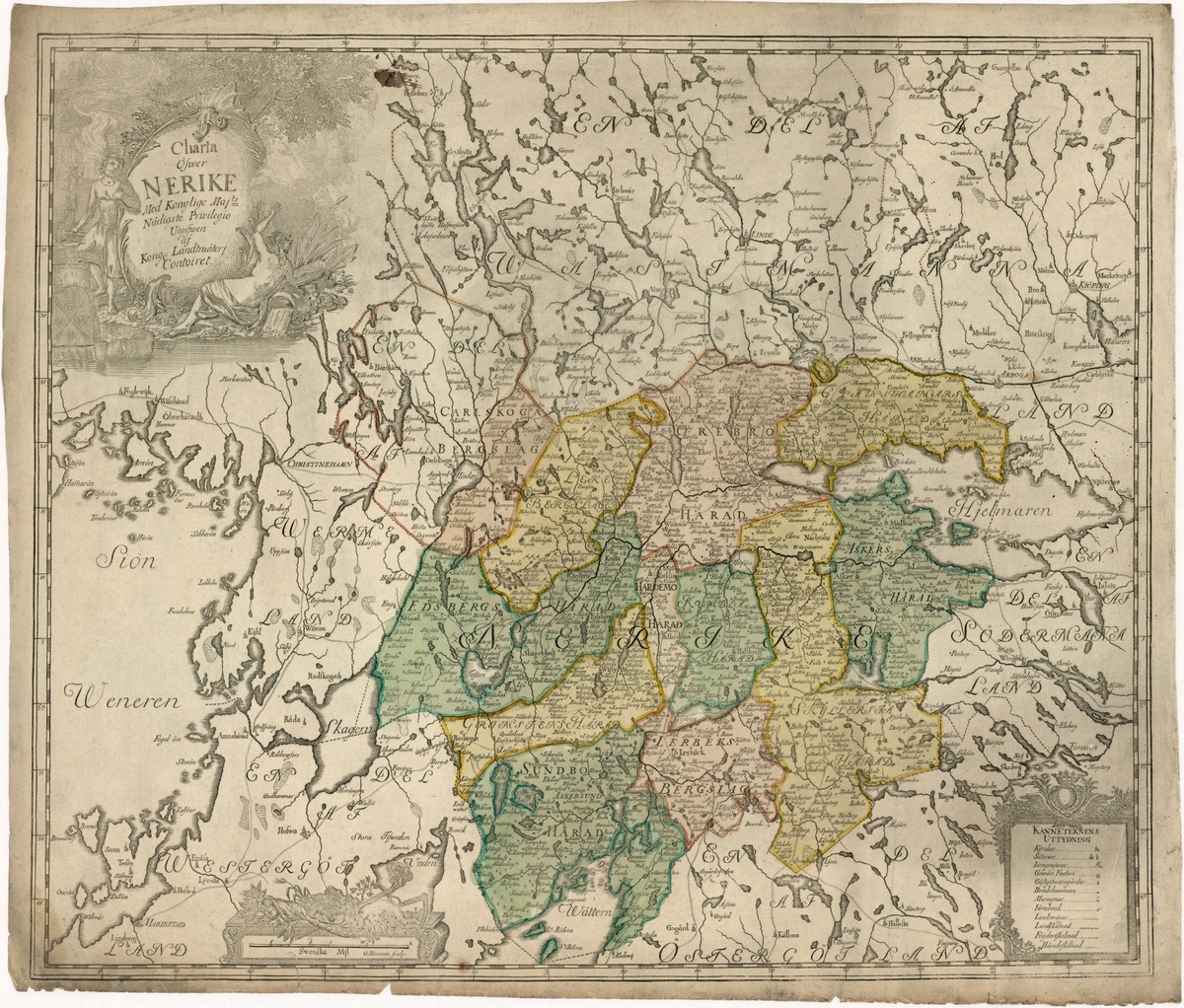 Karta över Närke från 1770-80. Kartan är graverad och delvis färglagd. Invid titeln avbildas ett träd, en man med hammare och en liggande kvinna m m.
