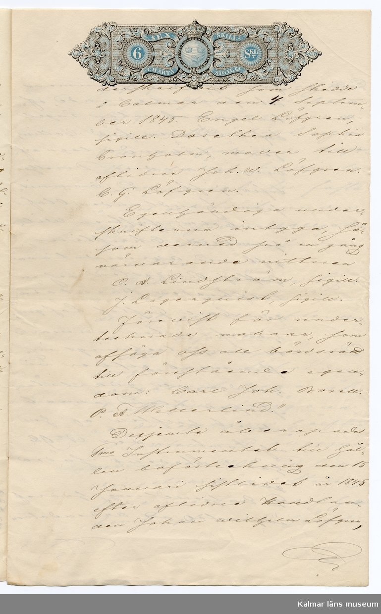 KLM 46339:34. Arkivhandling, protokoll. Handskriven text på sex av åtta sidor på vitt papper.