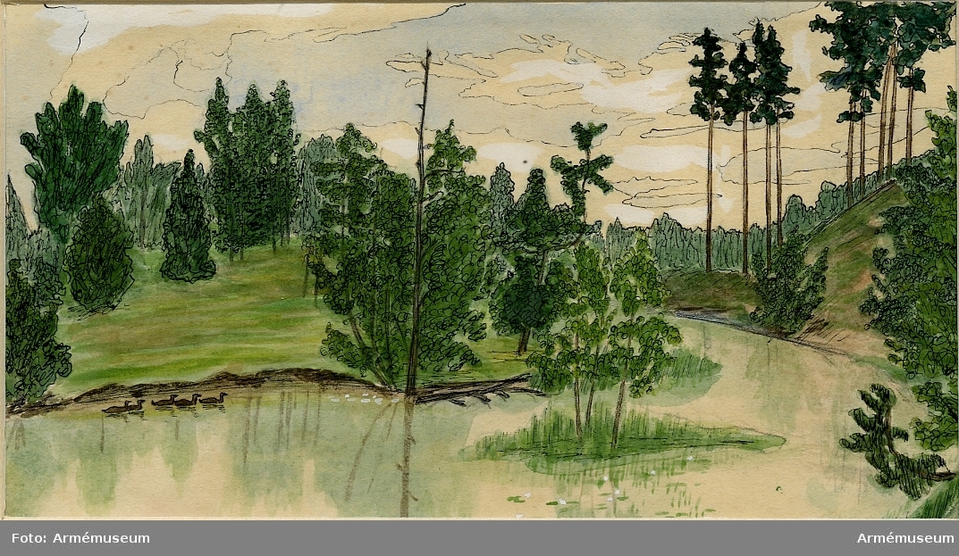 Grupp M I.
Bild i blandteknik av tusch, blyerts och akvarell av Thorsten Reutersvärd, föreställande "Silverån vid Skottvallen, Hultsfred den 4 juli 1906".
