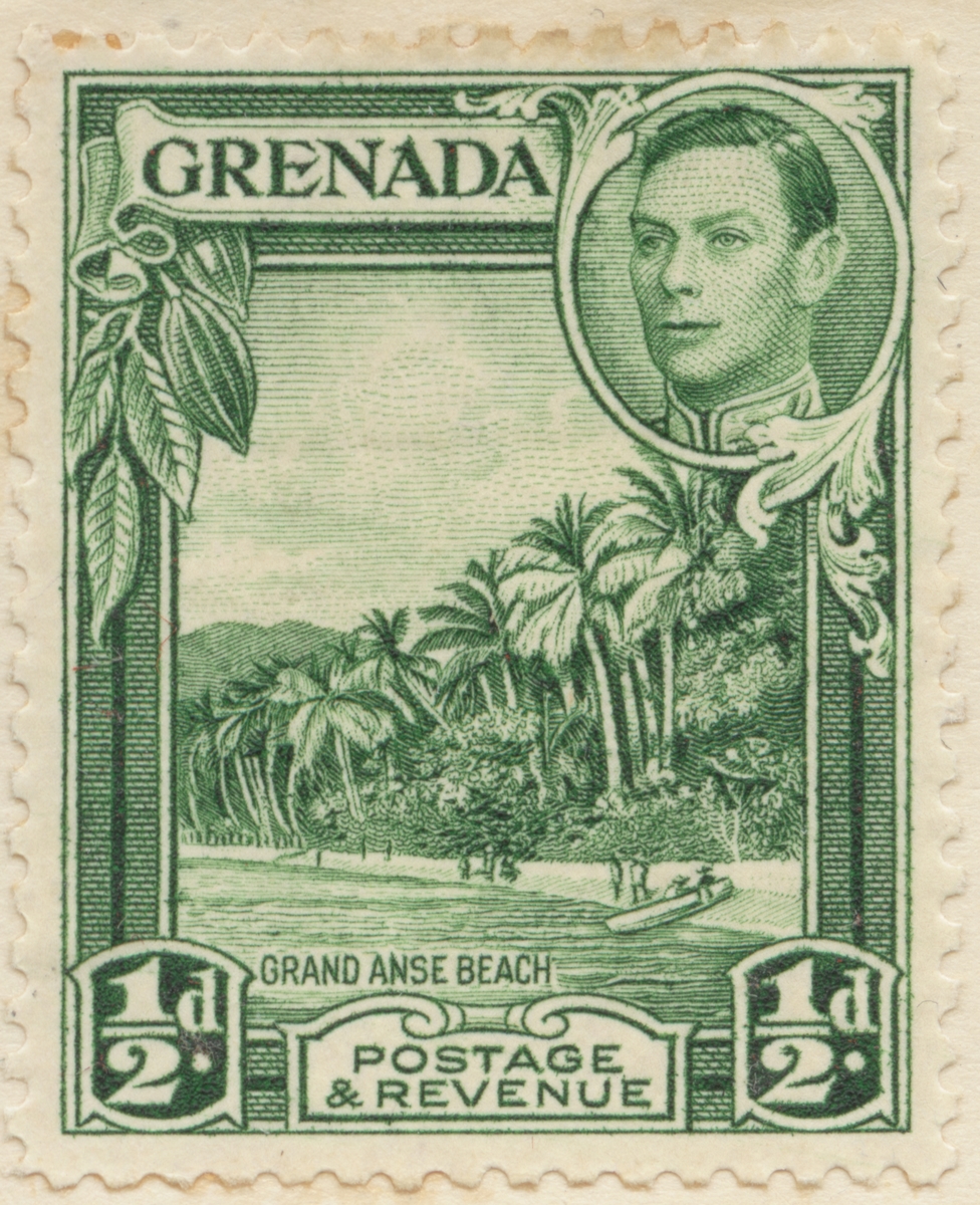 Frimärke ur Gösta Bodmans filatelistiska motivsamling, påbörjad 1950.
Frimärke från Grenada, 1938. Motiv av strand med palmer: Grand Anse Beach. T.h. Kung George VI.