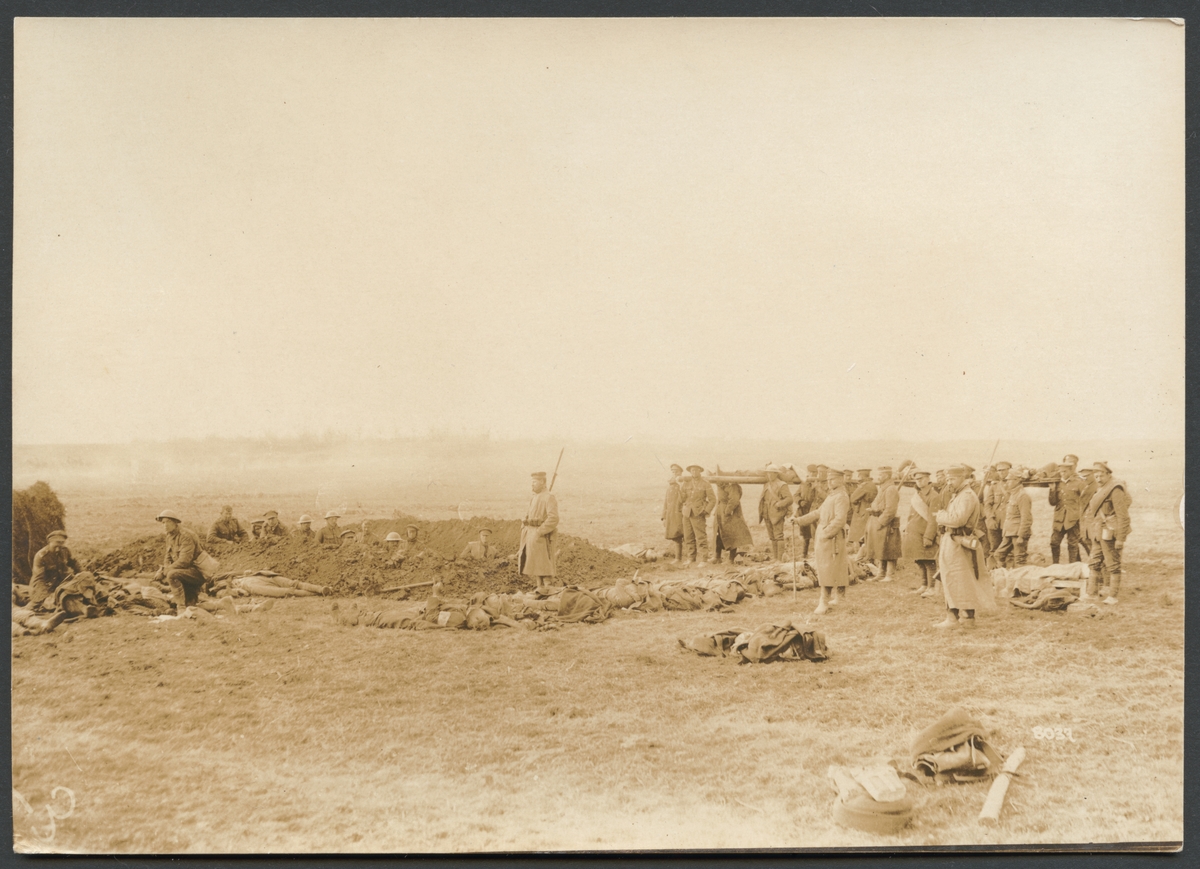 Bilden visar hur en massgrav grävs ut. Inför gropen ligger en rad stupade soldater. På höger sidan syns en grupp soldater som bär fler döda till platsen.