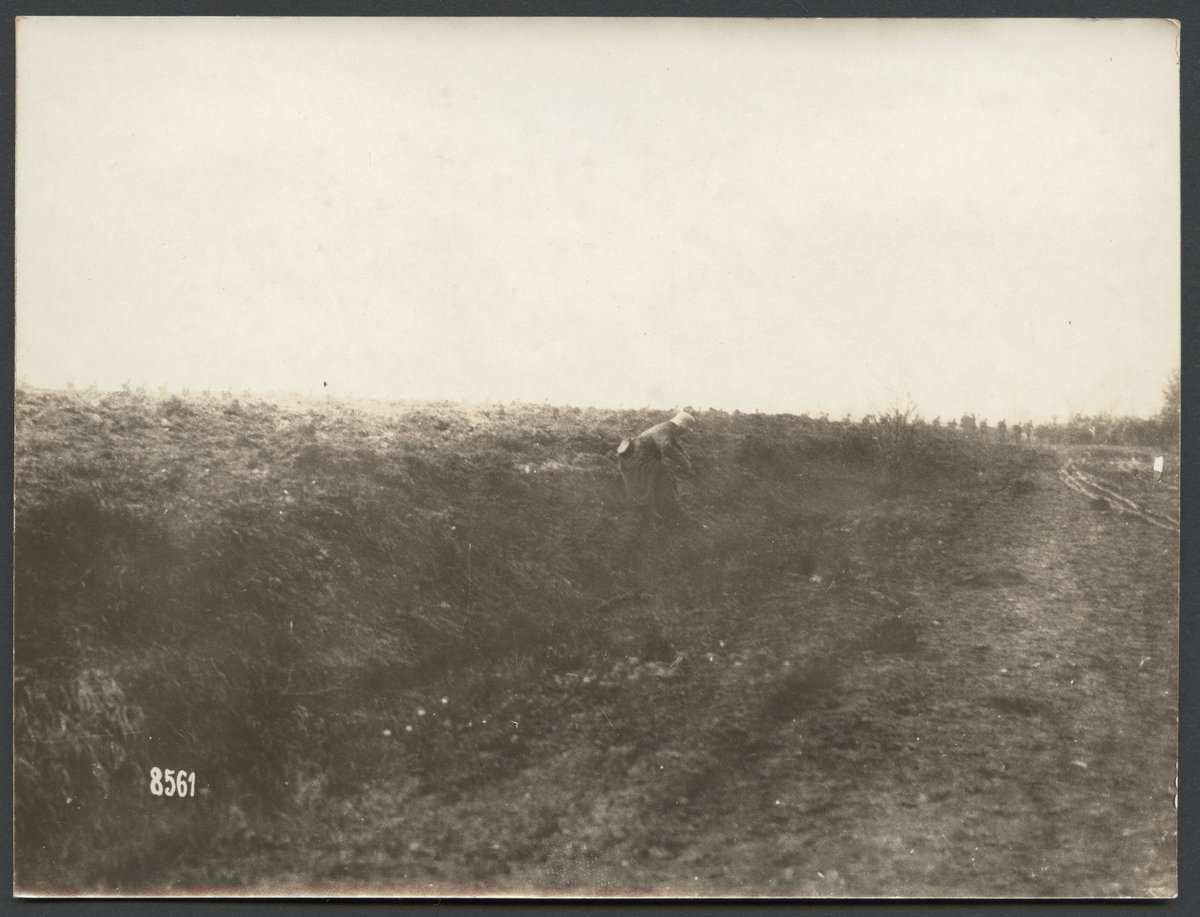 På bilden syns en ensam soldat sittande vid vägremsan. I bakgrunden passerar en lång kolonn soldater.

Originaltext: "I stridsområdet vid Kemmel framryckande tyska stormkolonner."