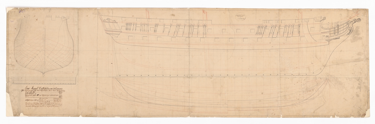 Linjeskeppet DRISTIGHETEN efter ombyggnad 1806. Profil-, spant- och linjeritning.