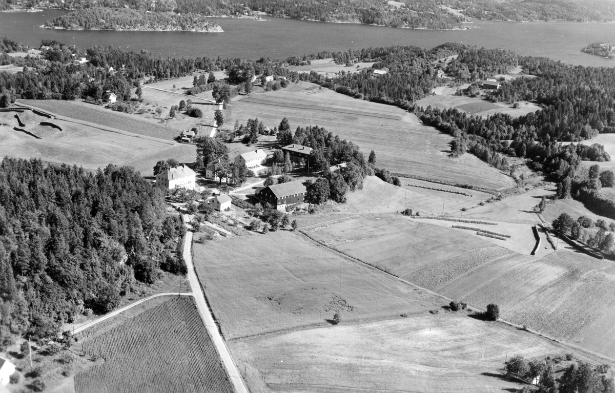 Flyfotoarkiv fra Fjellanger Widerøe AS, fra Porsgrunn Kommune, Grenland ungdomskole(Folkehøgskole). Fotografert 30/07-1951. Fotograf Otto Hansen