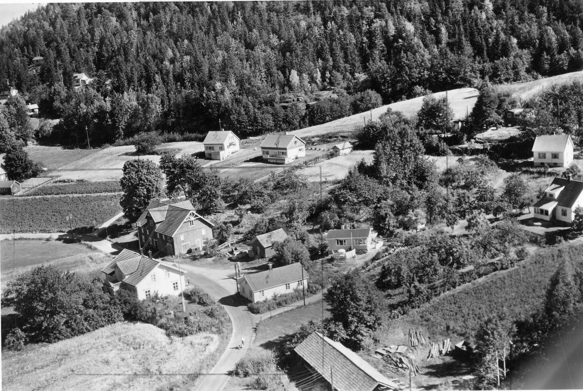 Flyfotoarkiv fra Fjellanger Widerøe AS, fra Porsgrunn Kommune. Bergsbygda. Fotografert 08.08.1959. Fotograf J Kruse