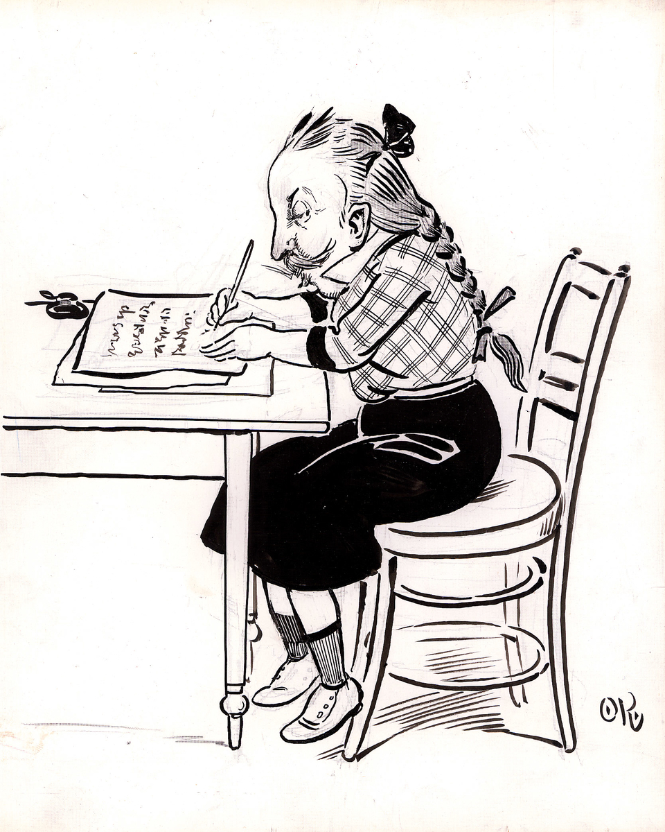 Kielland er tegnet som en småpike med flette nedover ryggen. Han sitter ved et bord og skriver brev.