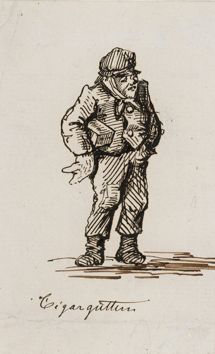 En gutt. Hel figur, 1/2 høyre profil. Iført lue med skaut under, buserull og fillet bukse. Under armen bærer han en eske.