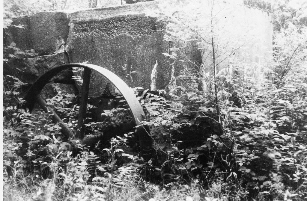 Frå nedlagt el-verk på Garpestad. Det var i bruk frå 1915 til 1955. Biletet viser eit viser eit hjul som sto på turbinen. Frå hjulet var det reim til dynamoen. Fotografert 20. juli 1883.