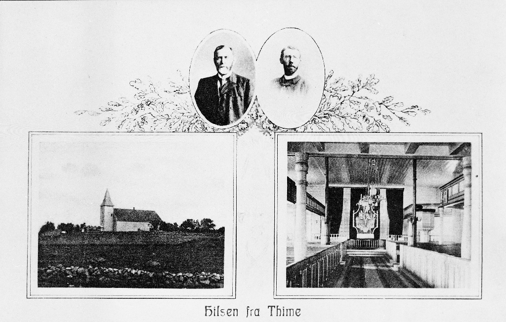 Prospektkort av Time kyrkje. Prestane er t.v. Theodor Borchrevink (1858 -1909), prest i Time (1900 - 1908) og til h. Realf Ottesen (9.1.1860 - ?), prest i Time (1908 - 1914)
